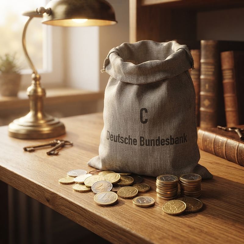 Geldsack mit Bundesbank-Aufdruck auf einem Holzregal, Euro-Münzen laufen heraus.